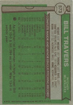 1976 Topps #573 Bill Travers back image