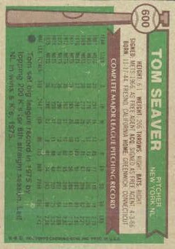 1976 Topps #600 Tom Seaver back image
