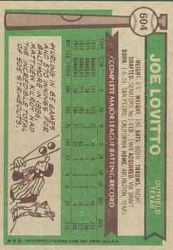 1976 Topps #604 Joe Lovitto back image