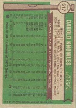 1976 Topps #617 Darold Knowles back image