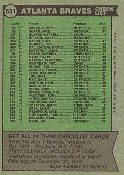 1976 Topps #631 Atlanta Braves CL/Dave Bristol MG back image