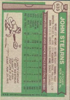 1976 Topps #633 John Stearns RC back image