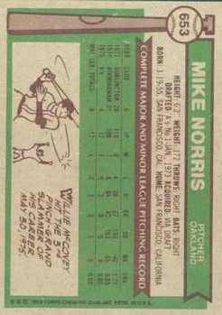 1976 Topps #653 Mike Norris RC back image