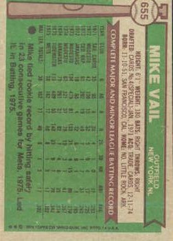 1976 Topps #655 Mike Vail RC back image