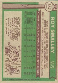 1976 Topps #657 Roy Smalley RC back image