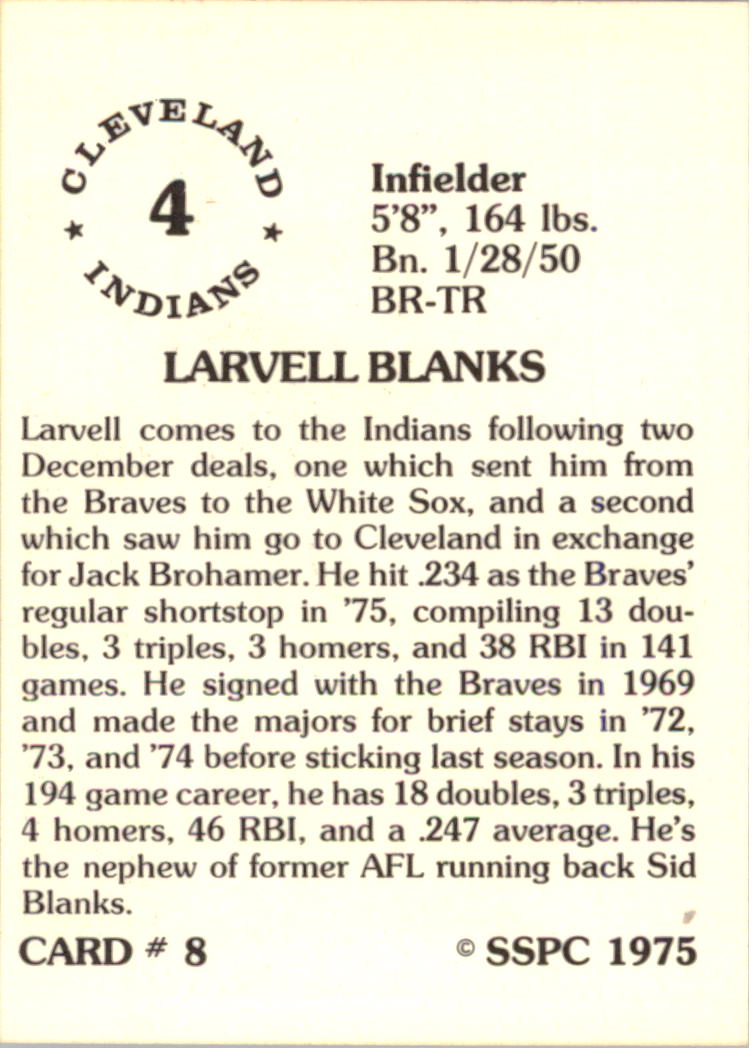 1976 SSPC #8 Larvell Blanks back image