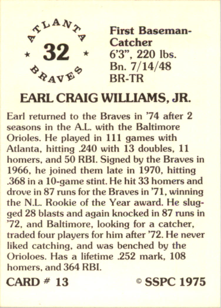 1976 SSPC #13 Earl Williams back image