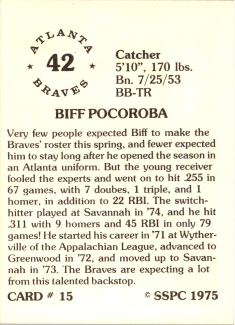1976 SSPC #15 Biff Pocoroba back image
