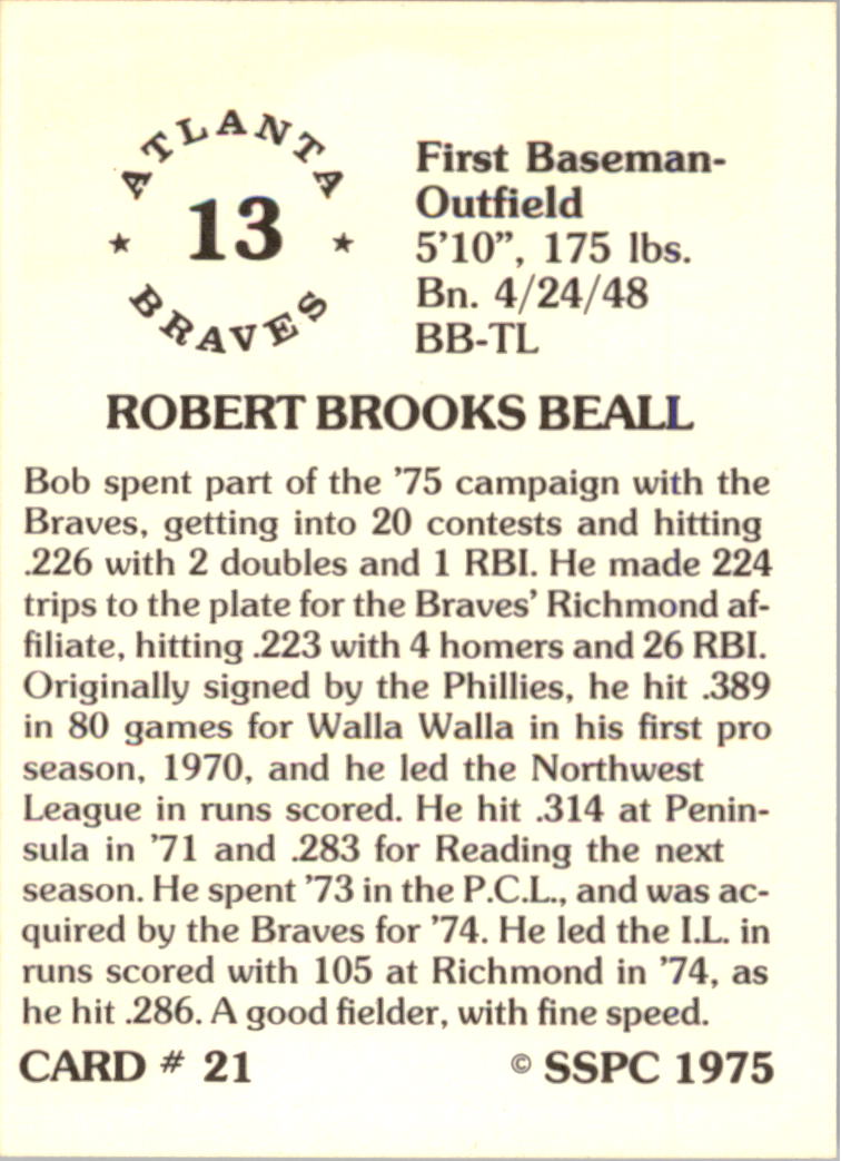1976 SSPC #21 Bob Beall back image