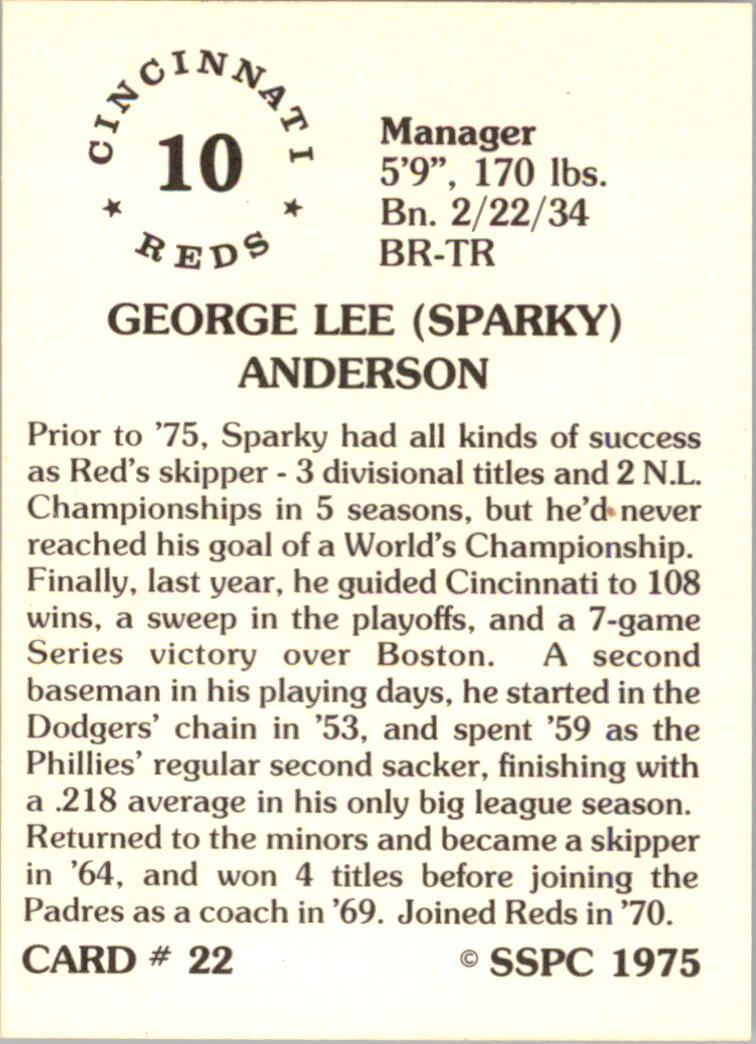1976 SSPC #22 Sparky Anderson MG back image