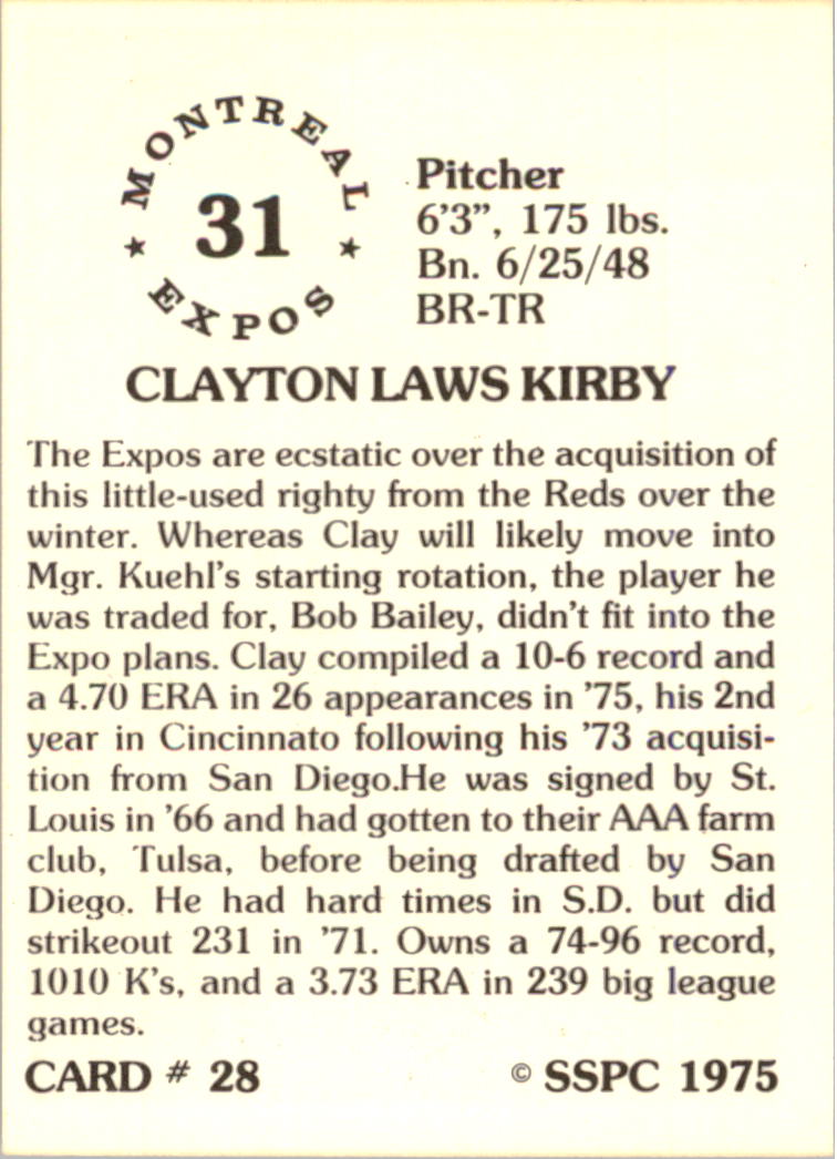 1976 SSPC #28 Clay Kirby back image