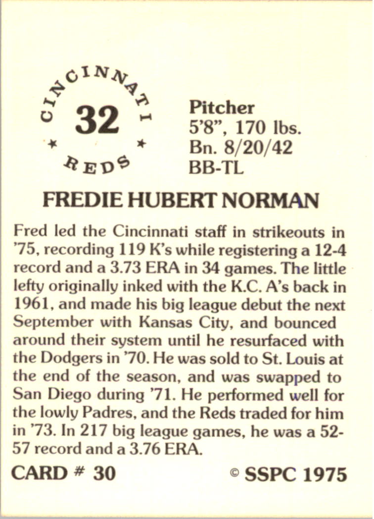 1976 SSPC #30 Fred Norman back image