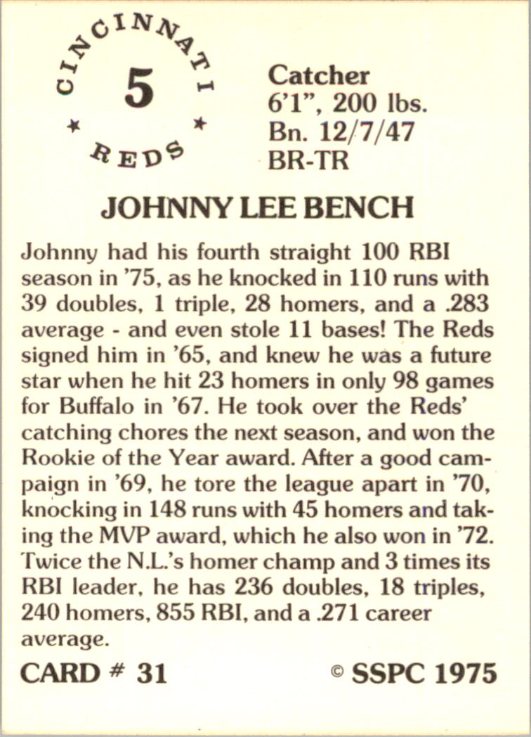 1976 SSPC #31 Johnny Bench back image