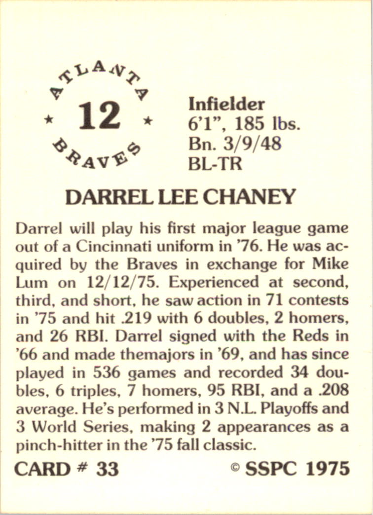 1976 SSPC #33 Darrel Chaney back image