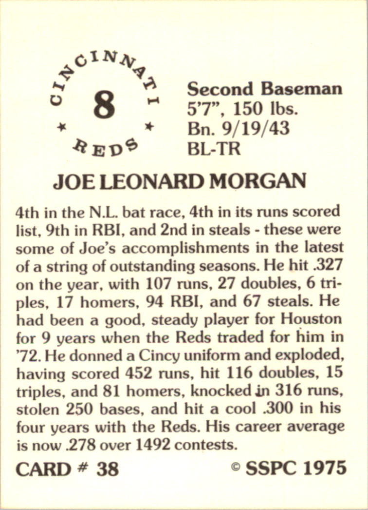 1976 SSPC #38 Joe Morgan back image