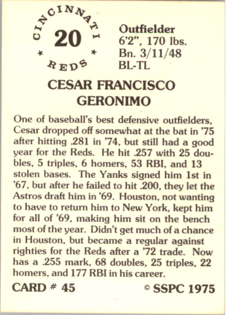 1976 SSPC #45 Cesar Geronimo back image