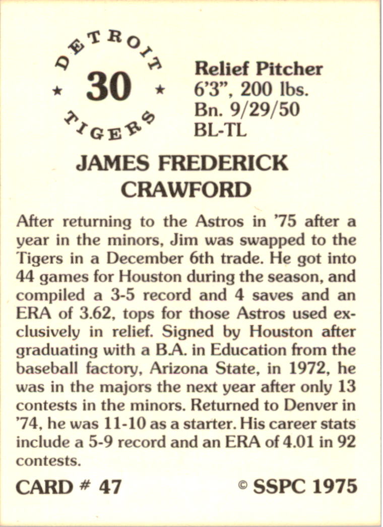 1976 SSPC #47 Jim Crawford back image