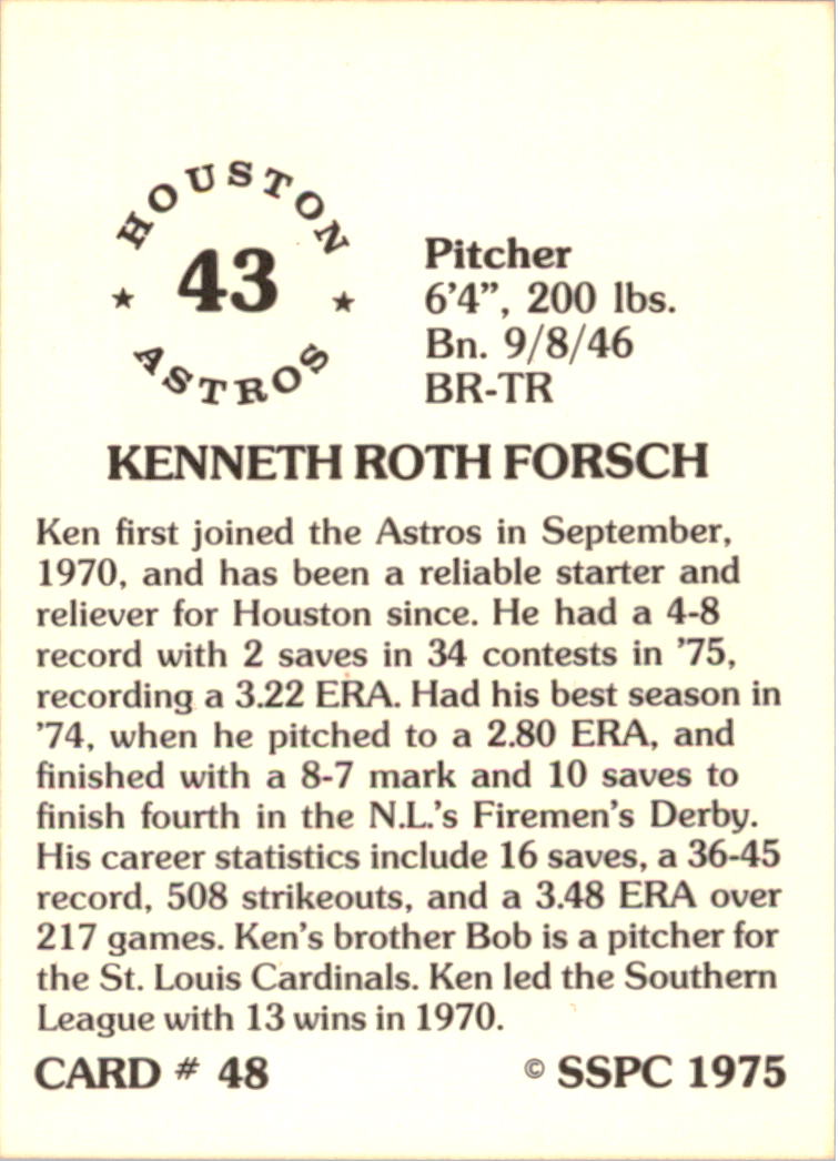 1976 SSPC #48 Ken Forsch back image