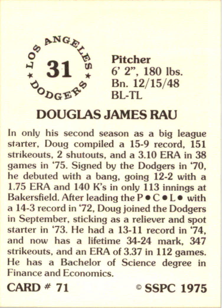 1976 SSPC #71 Doug Rau back image