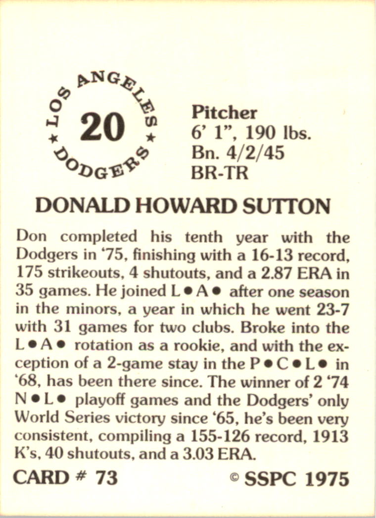 1976 SSPC #73 Don Sutton back image