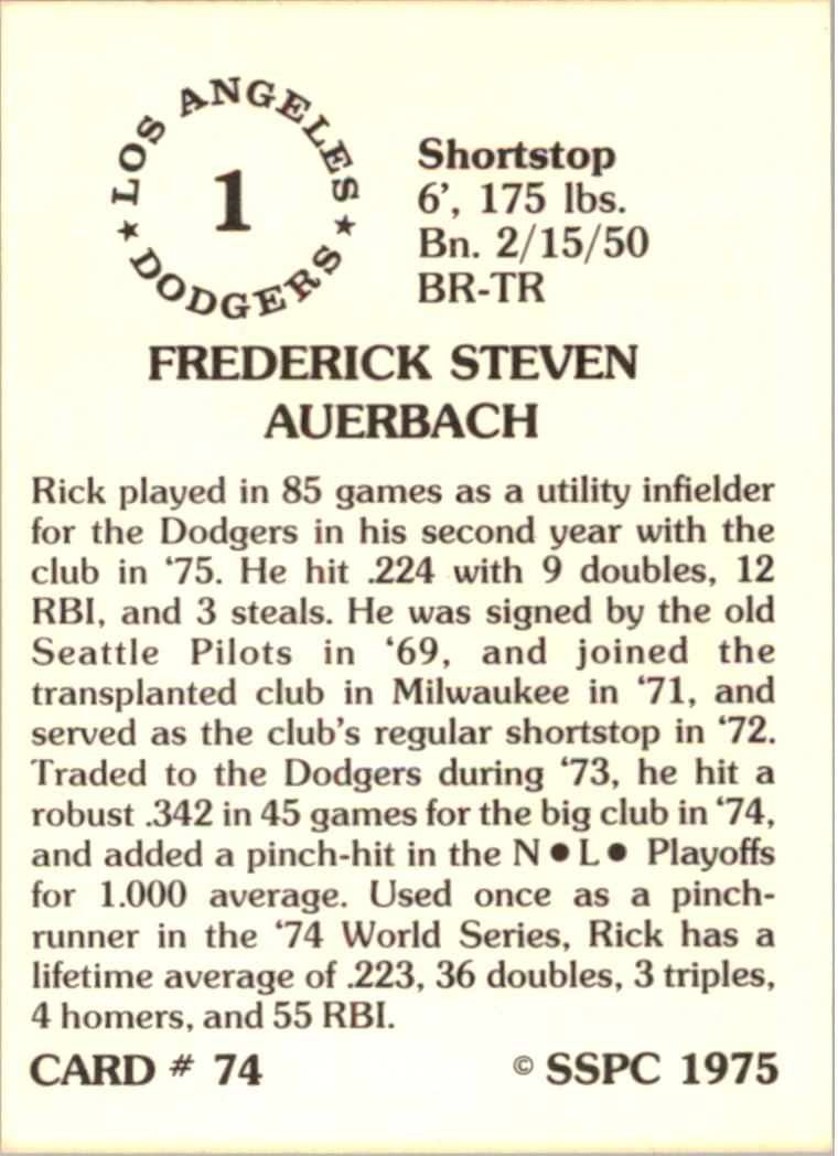 1976 SSPC #74 Rick Auerbach back image