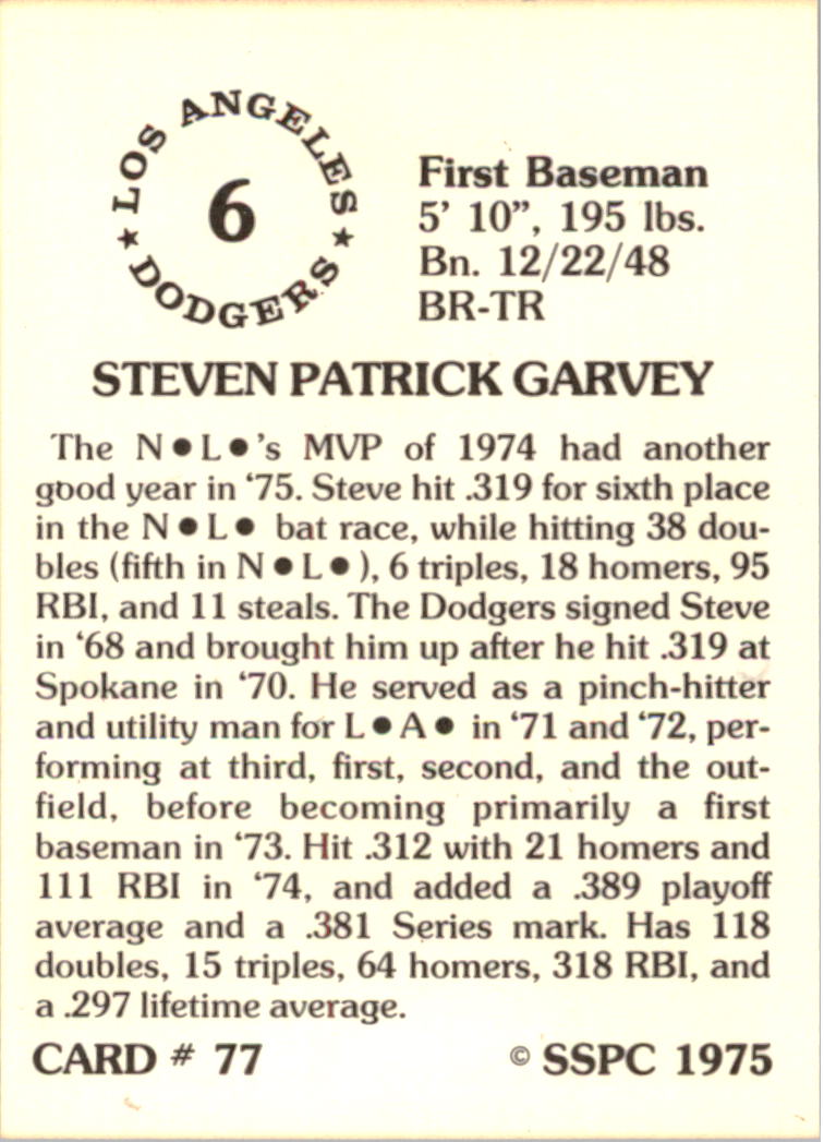 1976 SSPC #77 Steve Garvey back image