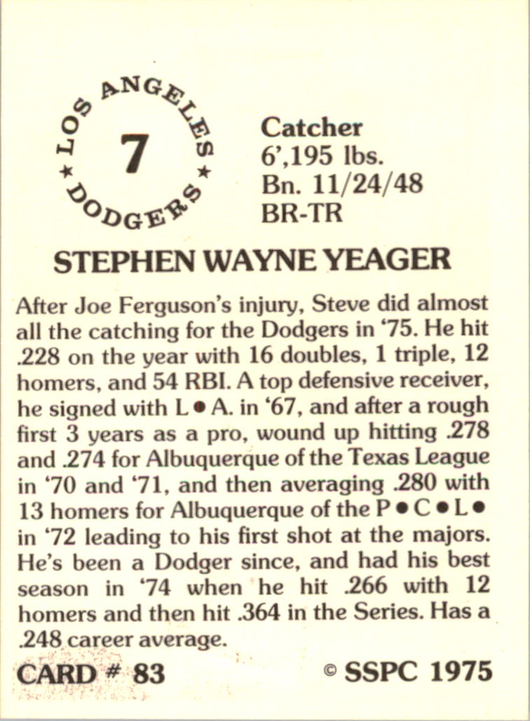 1976 SSPC #83 Steve Yeager back image
