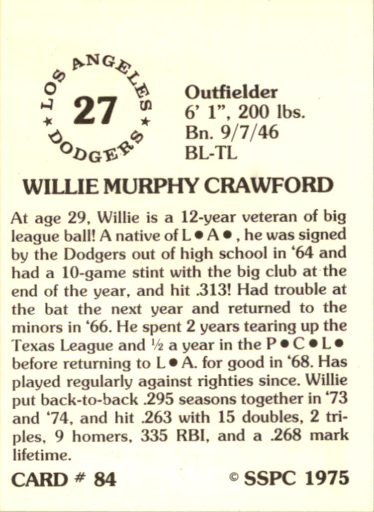 1976 SSPC #84 Willie Crawford back image
