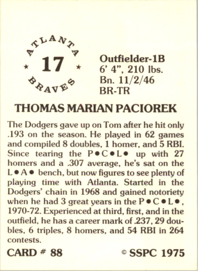 1976 SSPC #88 Tom Paciorek back image