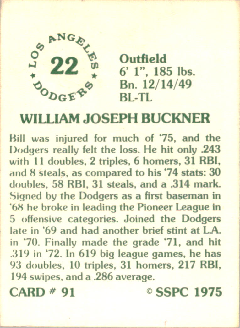 1976 SSPC #91 Bill Buckner back image