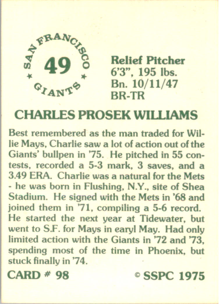 1976 SSPC #98 Charlie Williams back image