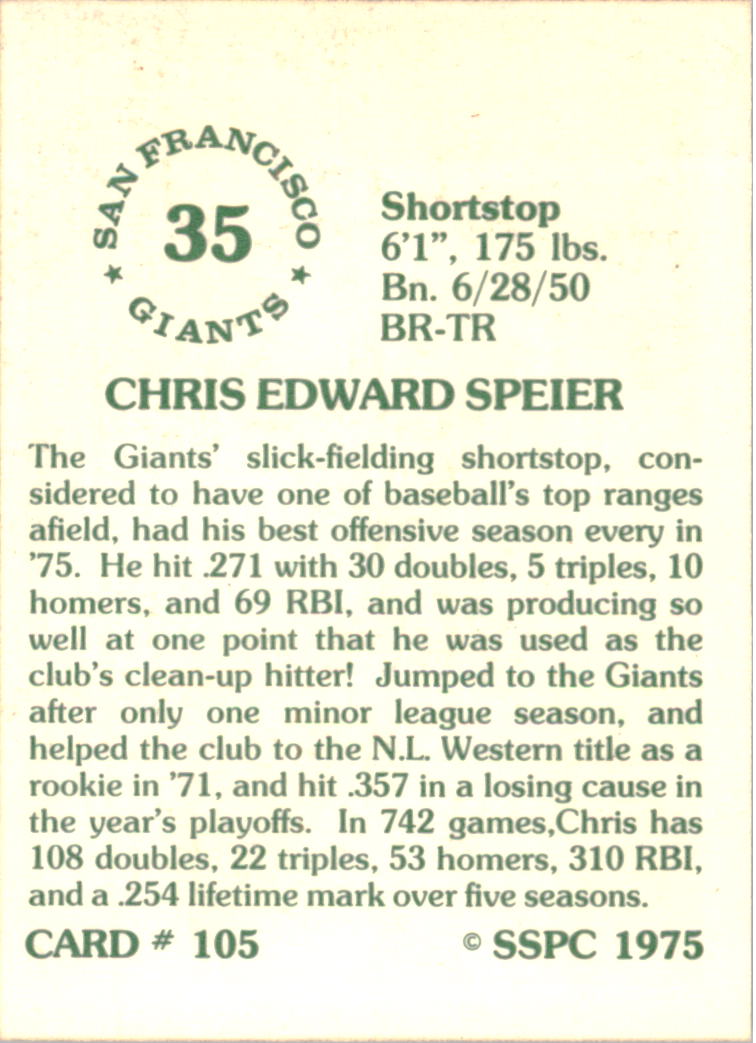 1976 SSPC #105 Chris Speier back image