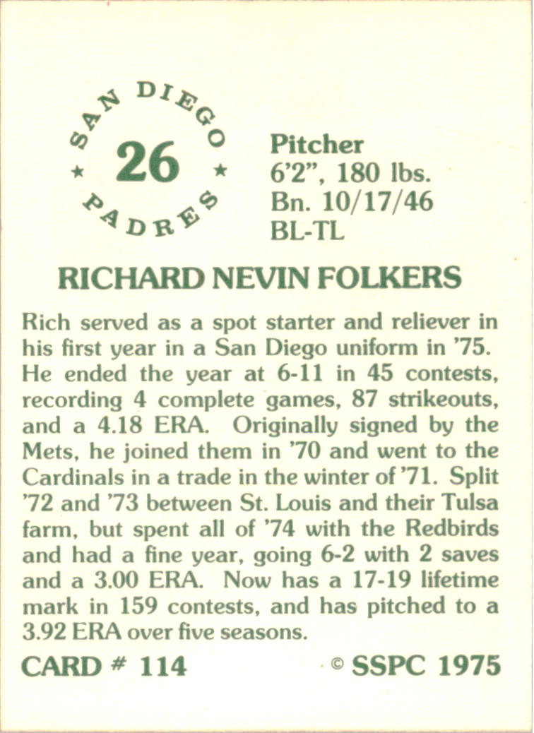 1976 SSPC #114 Rich Folkers back image