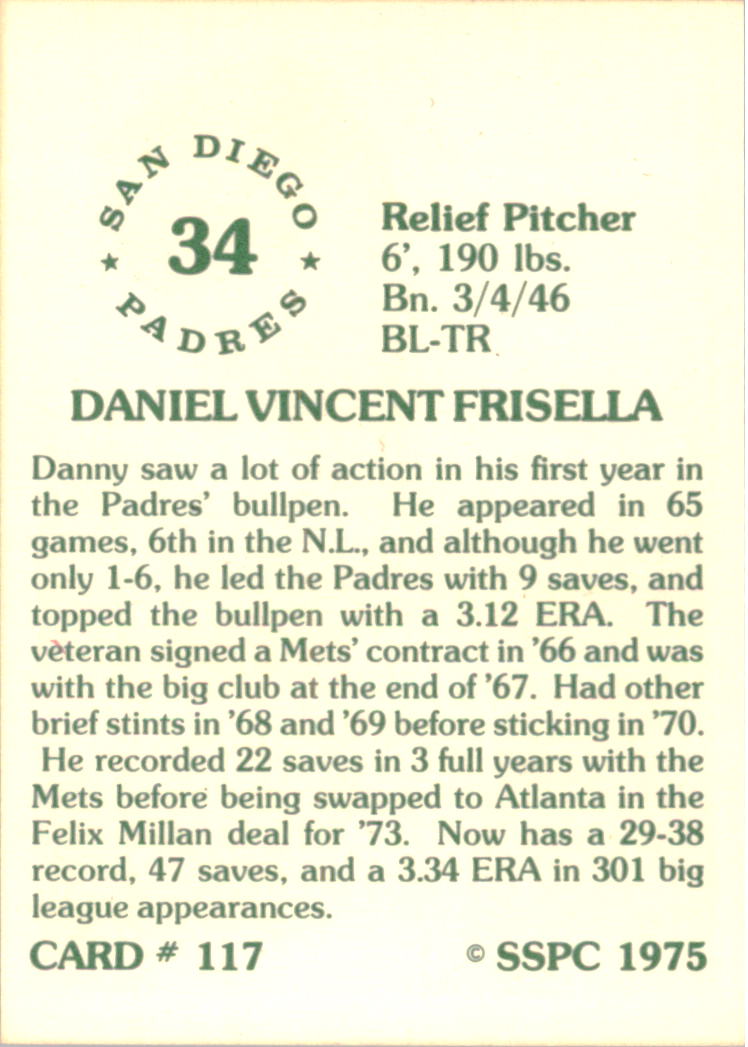 1976 SSPC #117 Dan Frisella back image