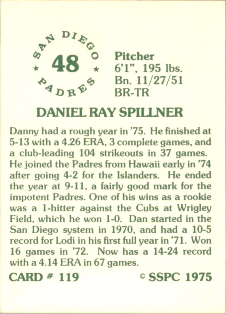 1976 SSPC #119 Dan Spillner back image