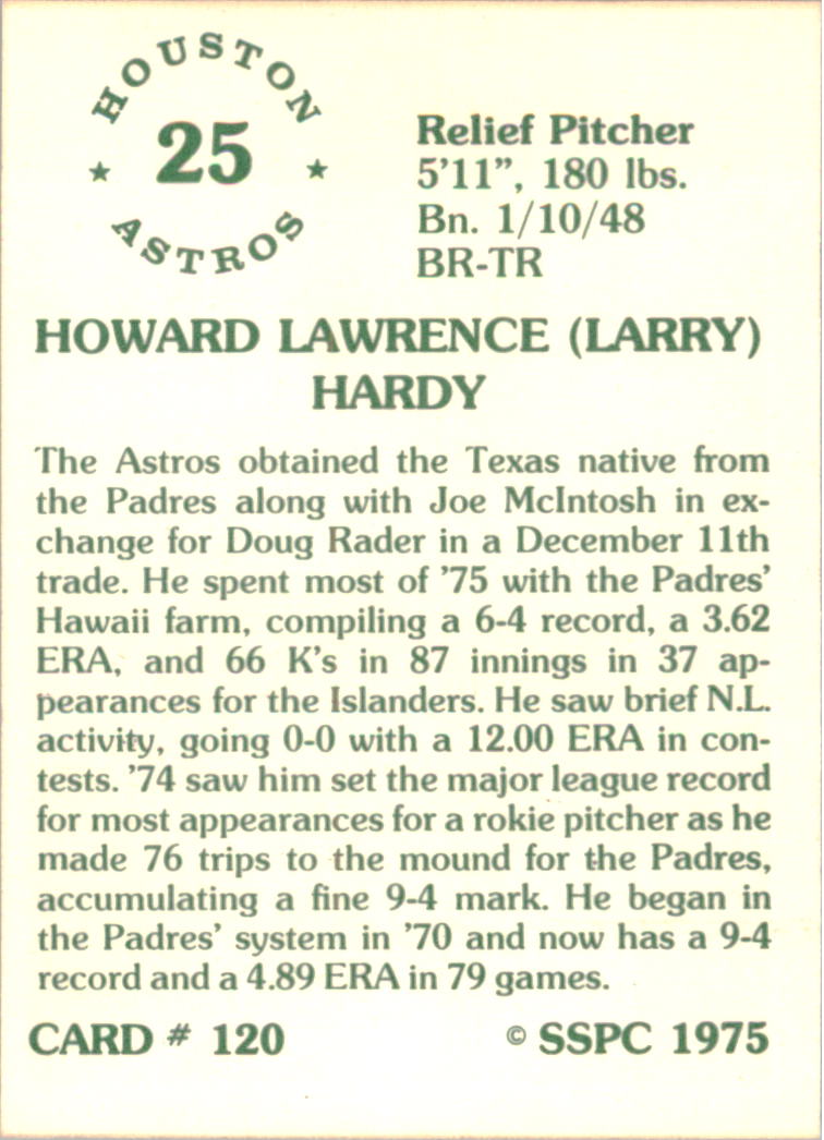 1976 SSPC #120 Larry Hardy back image