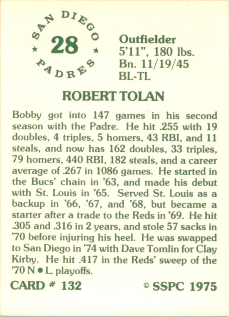 1976 SSPC #132 Bob Tolan back image