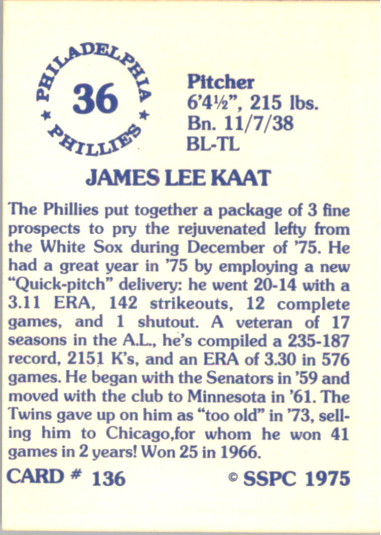 1976 SSPC #136 Jim Kaat back image
