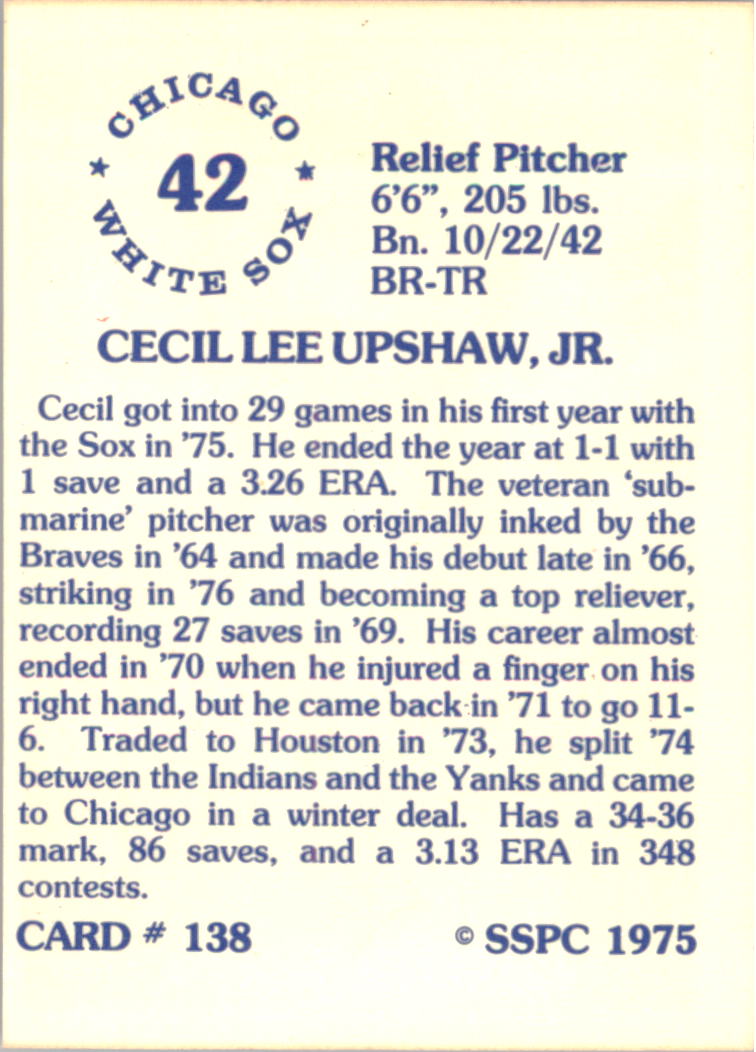 1976 SSPC #138 Cecil Upshaw back image
