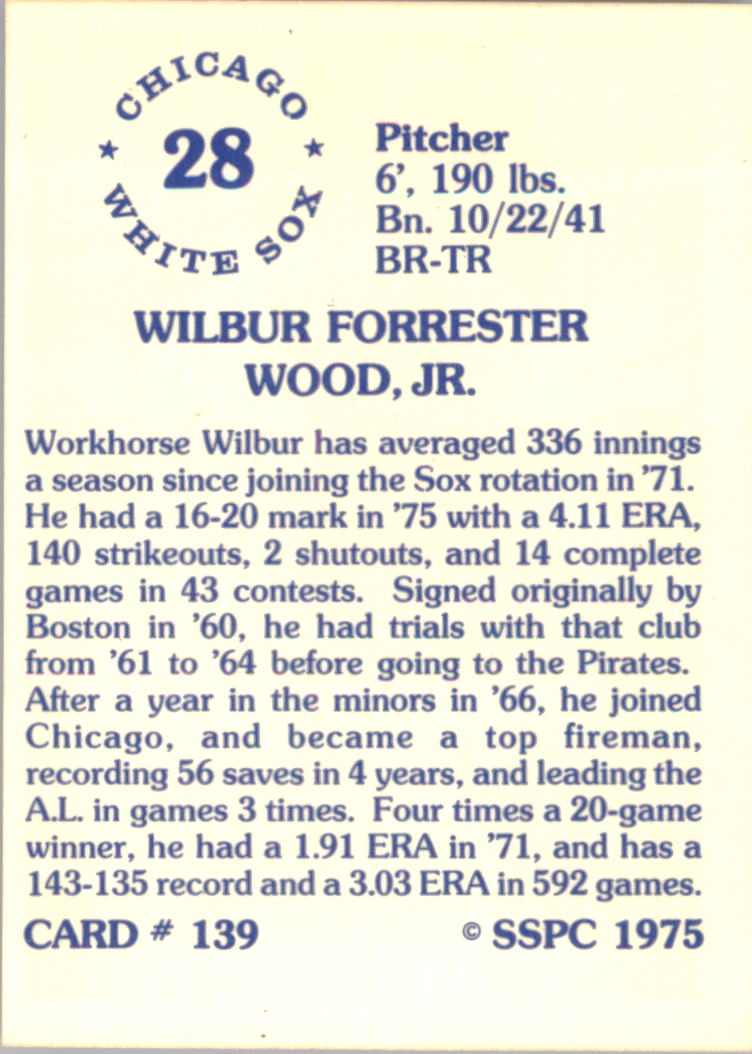 1976 SSPC #139 Wilbur Wood back image