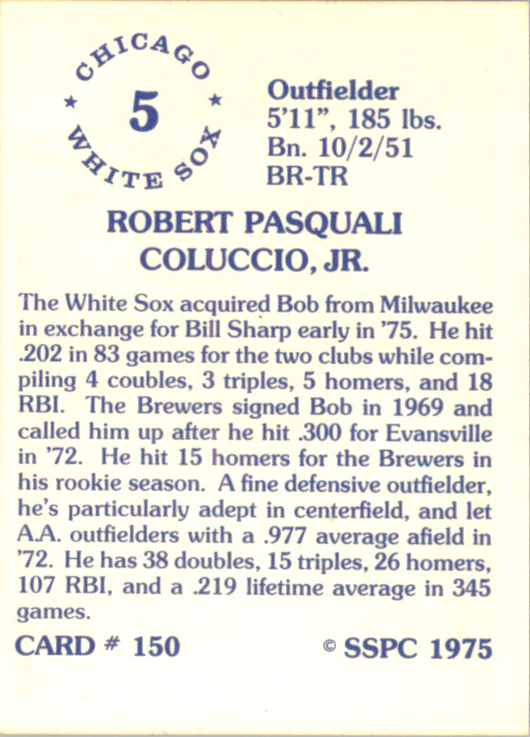 1976 SSPC #150 Bob Coluccio back image