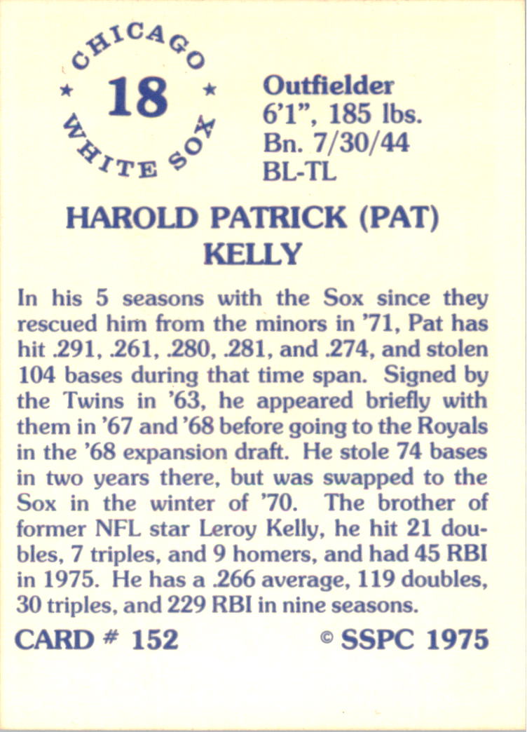 1976 SSPC #152 Pat Kelly back image