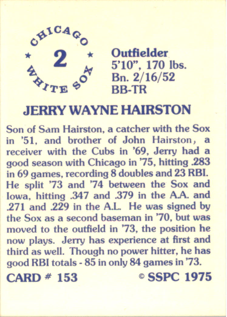 1976 SSPC #153 Jerry Hairston back image