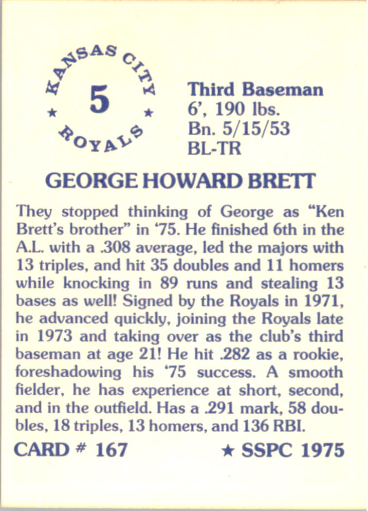 1976 SSPC #167 George Brett back image