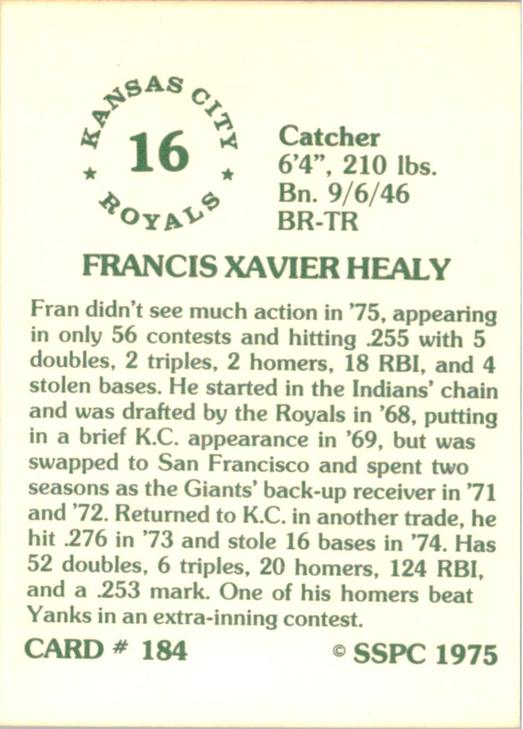 1976 SSPC #184 Fran Healy back image