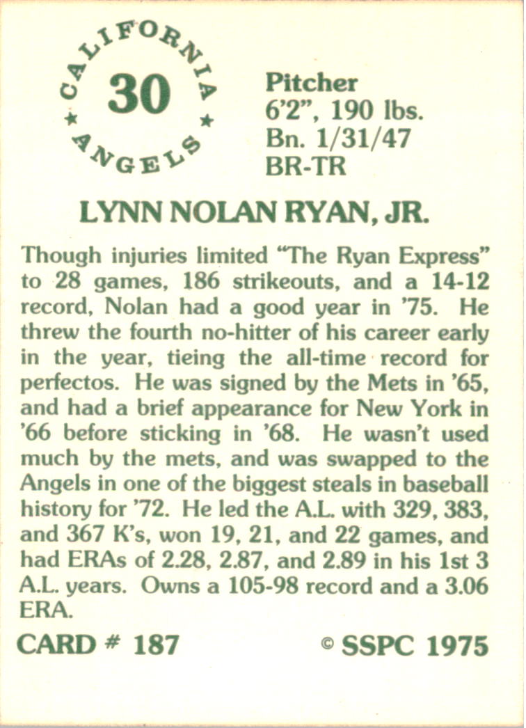 1976 SSPC #187 Nolan Ryan back image