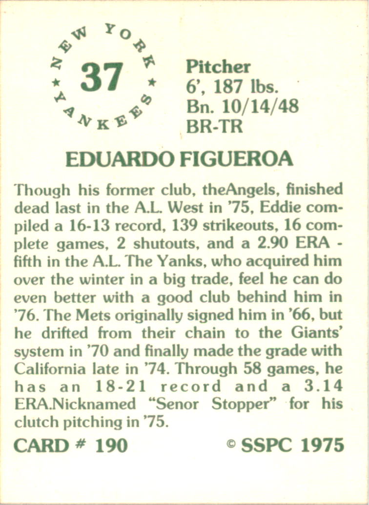 1976 SSPC #190 Ed Figueroa back image