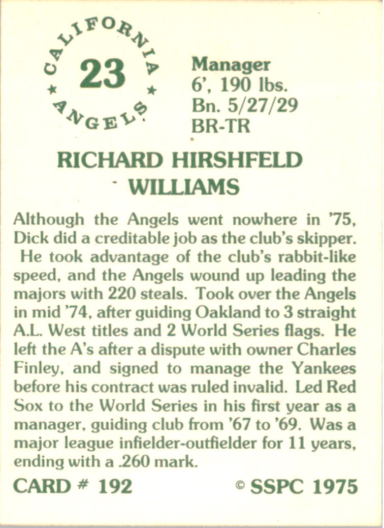 1976 SSPC #192 Dick Williams MG back image