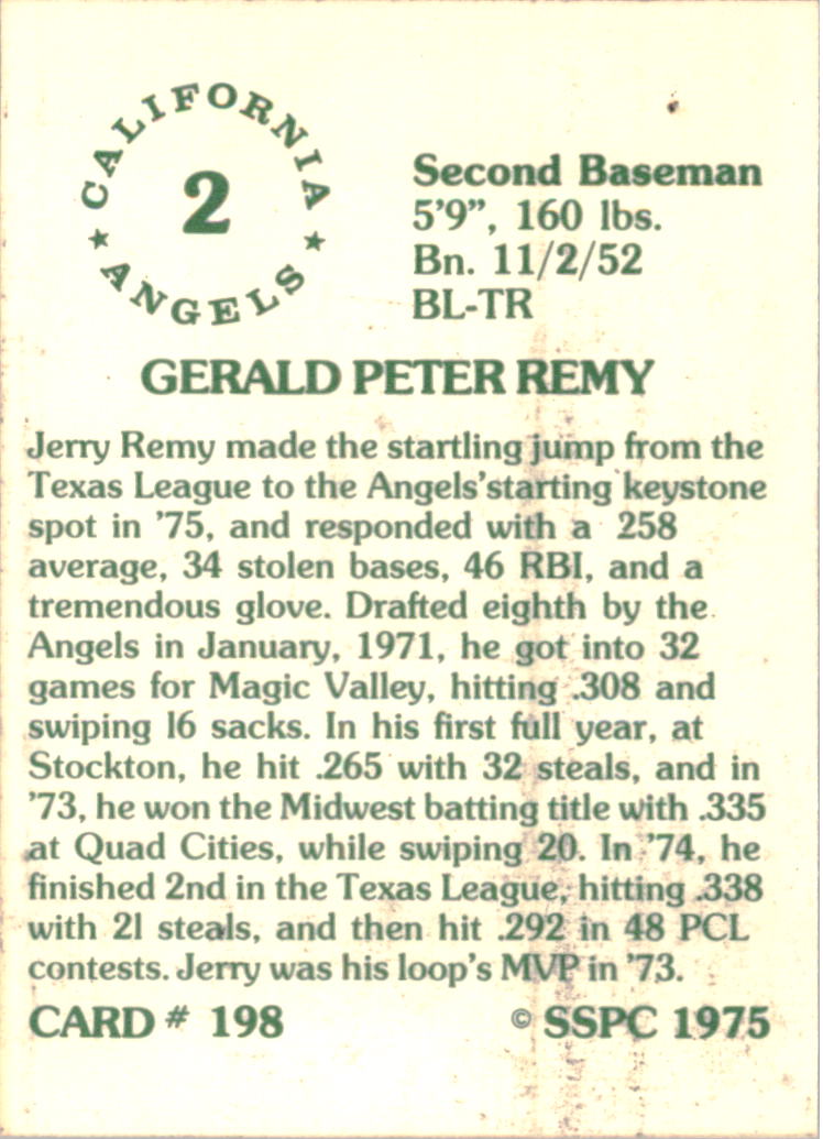 1976 SSPC #198 Jerry Remy back image