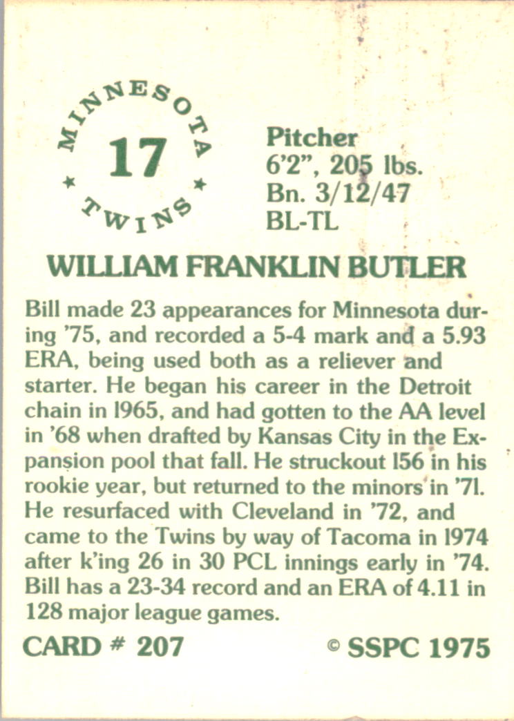 1976 SSPC #207 Bill Butler back image